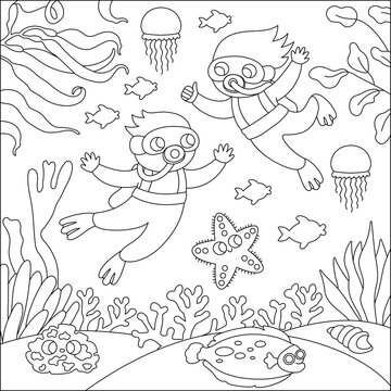 Vector black and white under the sea landscape illustration with kid divers. Ocean life line scene with sand, seaweeds, corals, reefs. Cute square water nature background, coloring page.