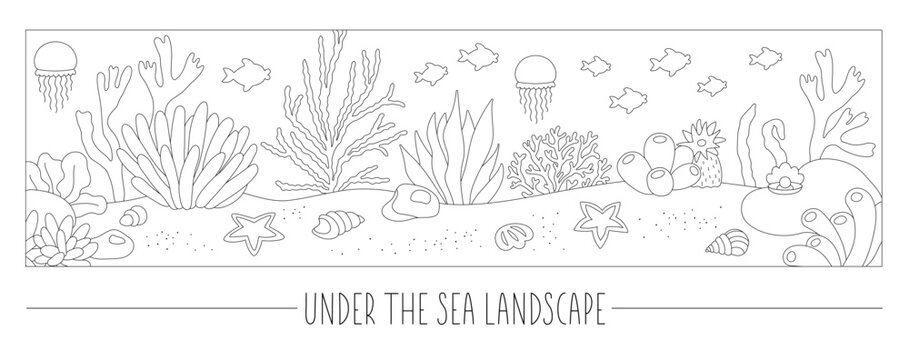 Vector black and white under the sea landscape illustration. Ocean life line scene with sand, seaweeds, stones, corals, reefs. Cute horizontal border water nature background, coloring page.