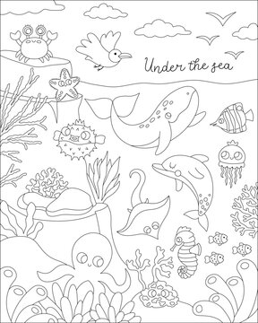 Vector black and white under the sea landscape illustration with rock slope. Ocean life line scene with animals, dolphin, whale, shark, seagull. Cute vertical water nature coloring page, background.