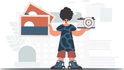 ﻿The individual holds a camera and photos in his hands. The concept of rest and travel. Trendy style, Vector Illustration