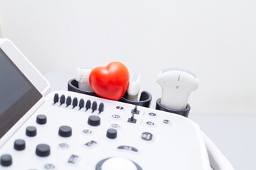 Modern ultrasound machine, scanners and sensors close-up. Medical equipment in the clinic.