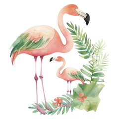 Naklejka premium Mom and Baby Flamingo Watercolor PNG art, Generative AI