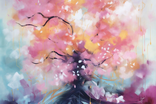 Cherry Blossom Tree Forest Oil Painting Colorful Generative AI
