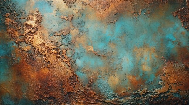 old copper. green and blue copper patina. Close-up Oxidized Copper Textured Wall. Generative Ai. © Svfotoroom
