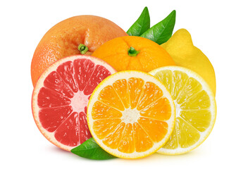 Orange, lemon, grapefruit on an isolated white background. Whole and sliced citrus fruits.