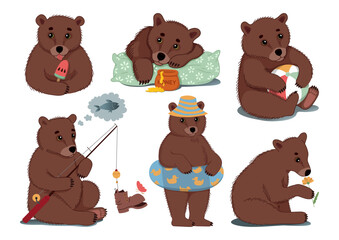 Fototapeta premium The bears are on vacation at sea. Summer stickers set with cute little bears. Hand-drawn colorful flat vector illustration.
