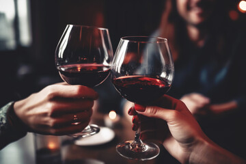  Close up of young friends toasting with glasses of red wine at restaurant. Generative AI.