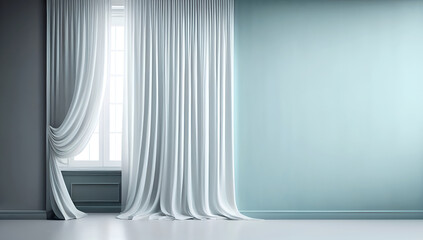 Pastel blue empty wall in room with silk curtain drapes by window. Template for product presentation. Living, gallery, studio, office concept. Mock up