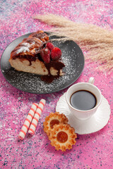 top view strawberry chocolate cake with cup of tea and cookies on light pink desk sugar sweet biscuit cookie