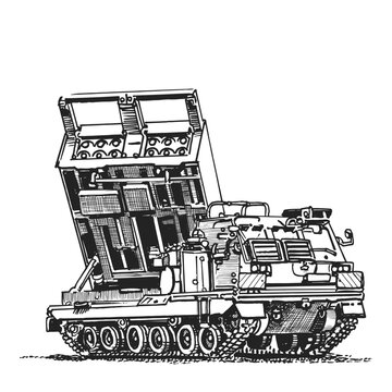 Multiple launch rocket system. Military vehicle. Hand drawing.