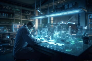 Scientist in the laboratory. The study of dangerous viruses. Medical research. Generative AI.