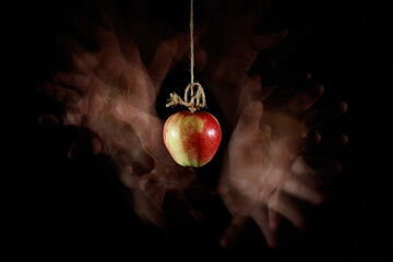 Chciwe ręce pożądają jabłka zawieszonego na sznurku. Kuszenie - obrazy, fototapety, plakaty