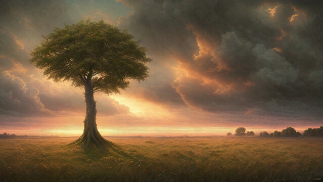 A lonely single tree in a field, painting, Generative AI illustrations
