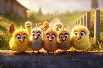 Group of Cute Cartoon Chickens on a Farm (Generative AI)