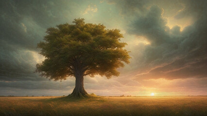 a single tree growing under a clouded sky during a sunset surrounded by grass, painting, Generative AI illustrations