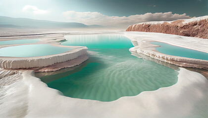 Pamukkale Mineral Hotsprings of Natural Travertine White and Glistening Rain Drops Create Ripples on the Placid Pools of Beatiful Aqua AI Generative