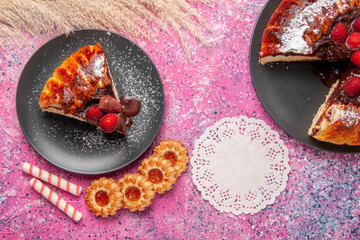 top view strawberry chocolate cake with sweet cookies on the light pink desk sugar sweet biscuit cookie