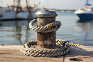 Fototapeta na wymiar illustration, knot tied with metallic marine rope in nautical port, ai generative