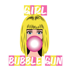 vector image girl bubble gum, sends party, blonde teenager, print style. Vector for silkscreen, dtg, dtf, t-shirts, signs, banners, Subimation Jobs or for any application