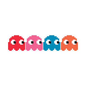 vector image of ghosts from the game Pac Man, colorful, reminiscent of childhood, embroidered style. Vector for silkscreen, dtg, dtf, t-shirts, signs, banners, Subimation Jobs or for any application