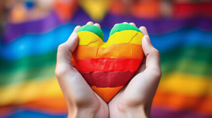 Rainbow heart in gay hands, LGBT flag. LGBTQ+ Care Concept Background Pride Love Parade. AI Generative