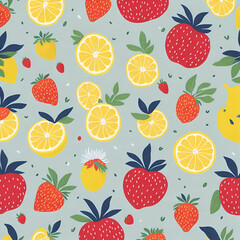Lemon and strawberry, Watercolor, vector, white background, clipart, Seamless patterns, repeating patterns design, flat illustration