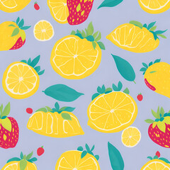 Lemon and strawberry, Watercolor, vector, white background, clipart, Seamless patterns, repeating patterns design, flat illustration