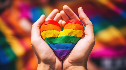 Closeup rainbow heart in hands, LGBT flag in shape of heart. LGBTQ+ Concept Background. AI Generative