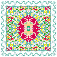 Decorative doodle ornament, symmetric pattern with lace frame. Tribal ethnic mandala decor. Bandana shawl, hijab, tablecloth fabric print, silk neck scarf, kerchief design. Colorful vector background