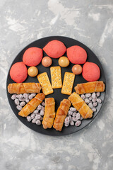 top view yummy cakes with bagels and candies on white desk cake biscuit cookies sugar sweet pie