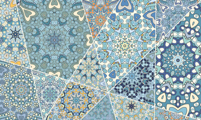 Vector patchwork quilt pattern. Vintage decorative collage. Hand drawn background. Indian, Arabic, Turkish motifs for printing on fabric or paper. Abstract colorful doodle pattern in mosaic style
