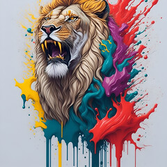 Splash art, a lion, roaring, splash style of colorful paint with white background