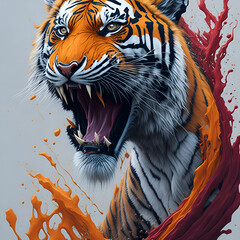 Splash art, a tiger, roaring, splash style of colorful paint with white background