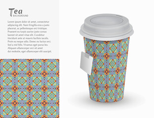 Cardboard paper cup of tea with ornament and seamless geometric pattern. Take away tea packaging template, isolated design elements for coffee shop, restaurant menu. Realistic vector cup