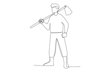 A man holds a hoe on his shoulder. Farmer one-line drawing