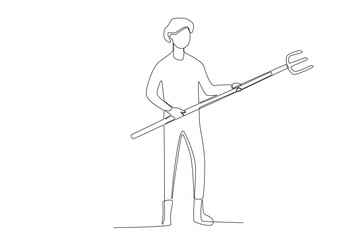 A male farmer raised a rake. Farmer one-line drawing