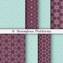 Seamless pattern set in arabic style. Stylish geometric line art white on colorful background. Repeating hexagonal texture for wallpaper, card, invitation, banner, fabric print. Tribal ethnic ornament
