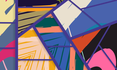 Abstract collage asymmetric pattern. Digital freehand art, grunge texture. Vector patchwork quilt background. Decorative elements, brush strokes ornament for flyer, poster, cover, textile fabric print