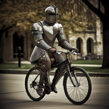 A man riding a bicycle while wearing a suit of armor