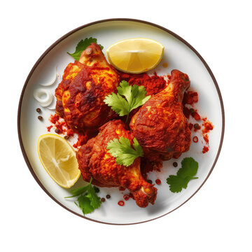 Tandoori Chicken Indian Dish On White Plate. Isolated On A Transparent Background, Png. Generative AI