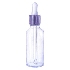 Purple transparent glass cosmetic small bottle with a pipette. Ampoule. Hand draw watercolor illustration isolated on white background. Collagen, anti-aging skin care products
