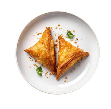 Samosas Indian Dish On White Plate. Isolated On A Transparent Background, Png. Generative AI