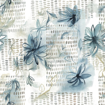 Fototapeta Abstract nordic print with geometric shapes and blue flowers on white background. Watercolor seamless pattern. Hand drawn marble illustration. Mixed media art