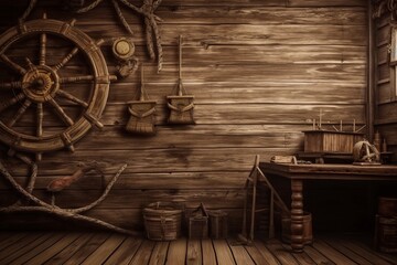 illustration, an old wooden scene like pirates, ai generative