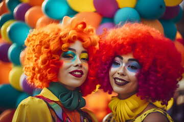Women with colored hair among balloons at the LGBT parade, pride month, Generative AI 5