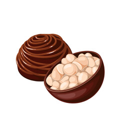 Open chocolate bomb with marshmallows vector illustration. Cartoon isolated choco ball with candy pieces and sweet chocolate glaze decoration, treat and breakfast dessert, round cake for hot drink