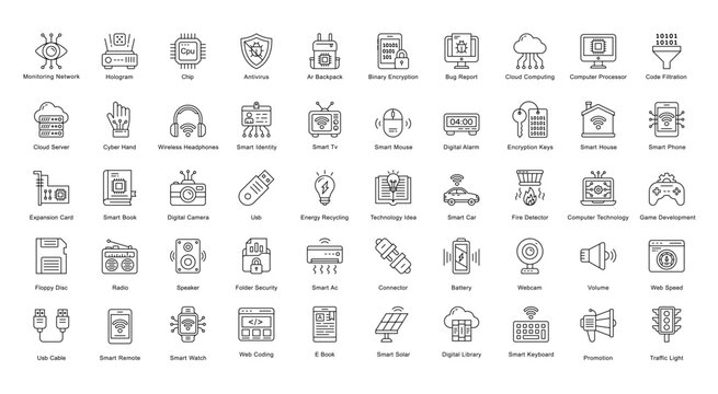 Technology Thin Line Iconset Computer Web Coding Outline Icon Bundle in Black