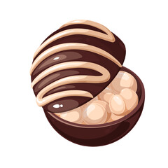 Open chocolate bomb with marshmallows vector illustration. Cartoon isolated cute brown ball treat with white chocolate or icing sugar decoration, cocoa candy of round shape for hot drink on holidays