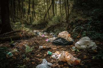 Obraz premium Plastic Bags And Garbage Strewn Across Forest Floor. Generative AI