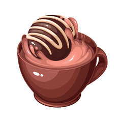 Chocolate bomb falling into cup vector illustration. Cartoon isolated brown mug with cocoa or coffee hot drink and splashes from chocolate candy ball fall, sweet choco dessert recipe for breakfast